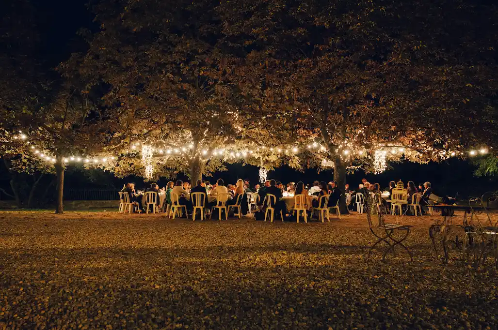 Fairy lights at a wedding gathering