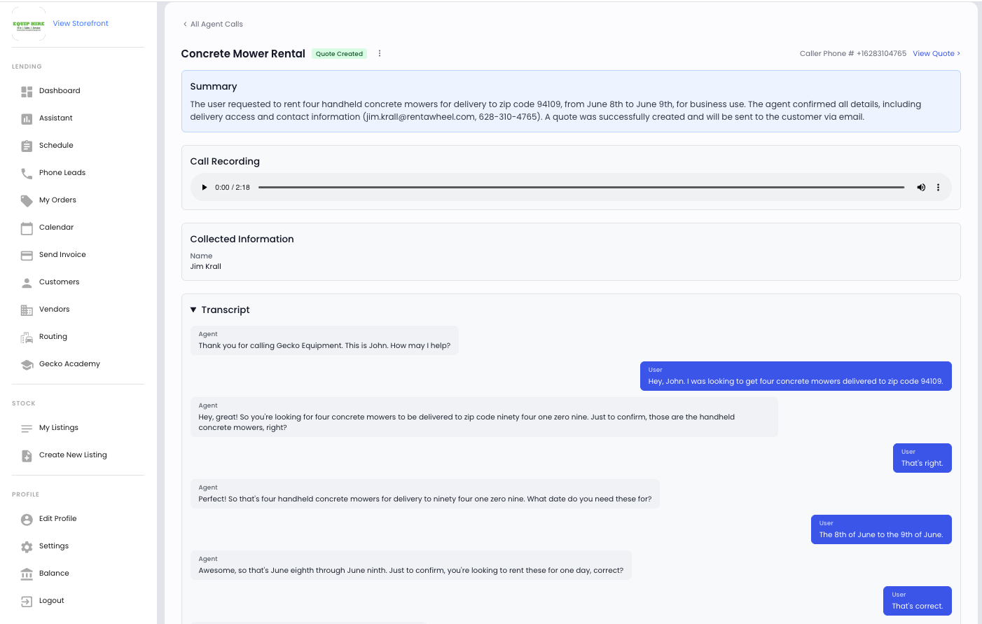 Gecko construction AI phone agent dashboard